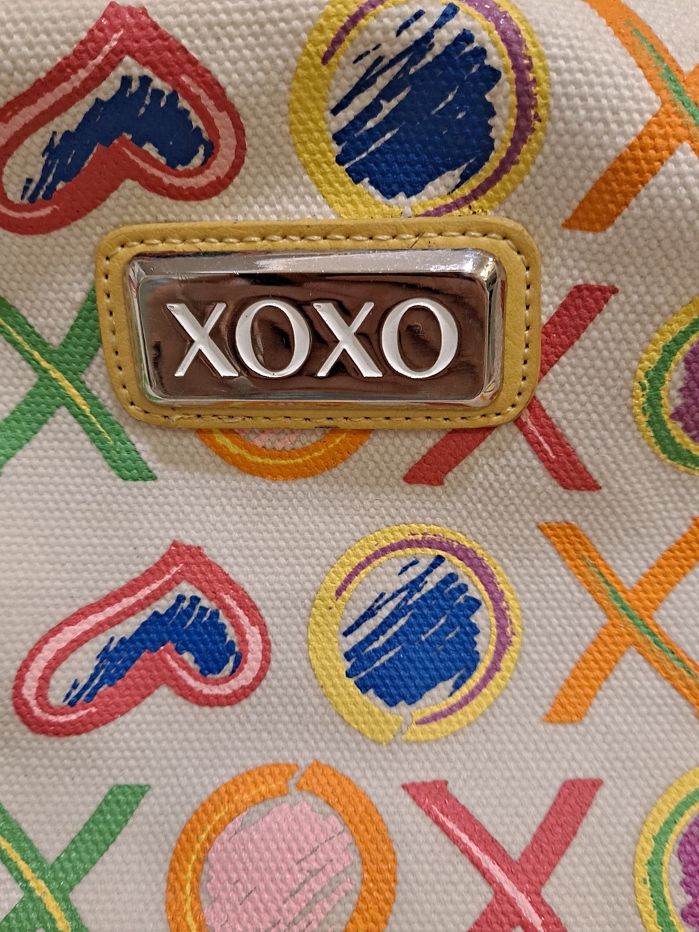 Y2K Vintage XOXO Multicolor Hearts XO Canvas Shoulder Bag Yellow Trim Grafitti - Picture 2 of 13